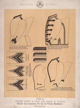 Items of uniform of British army medical staff with the jackets, tunic sleeves and collars of different ranking officers. Lithograph, c. 1880.