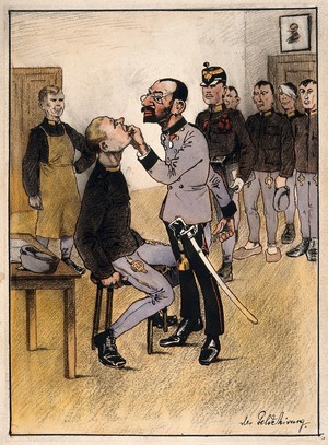 view A Jewish military "money surgeon" searches the mouth of a prisoner of war for gold fillings (?), others watch and wait. Coloured pen and ink drawing.