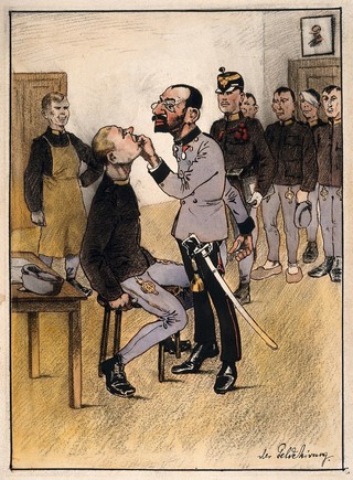 A Jewish military "money surgeon" searches the mouth of a prisoner of war for gold fillings (?), others watch and wait. Coloured pen and ink drawing.