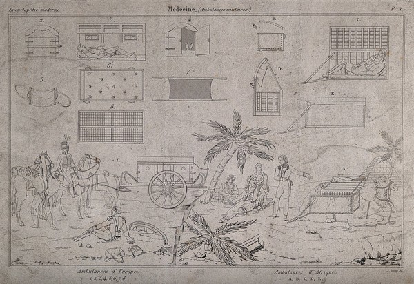 Diagrams illustrating military ambulances of Europe and Africa with their interior design and basic equipment. Etching by S. Botta.