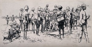 view An ambulance corps in the field gathering by T. [S.] Crowther and attending to wounded men. Pen and ink drawing.