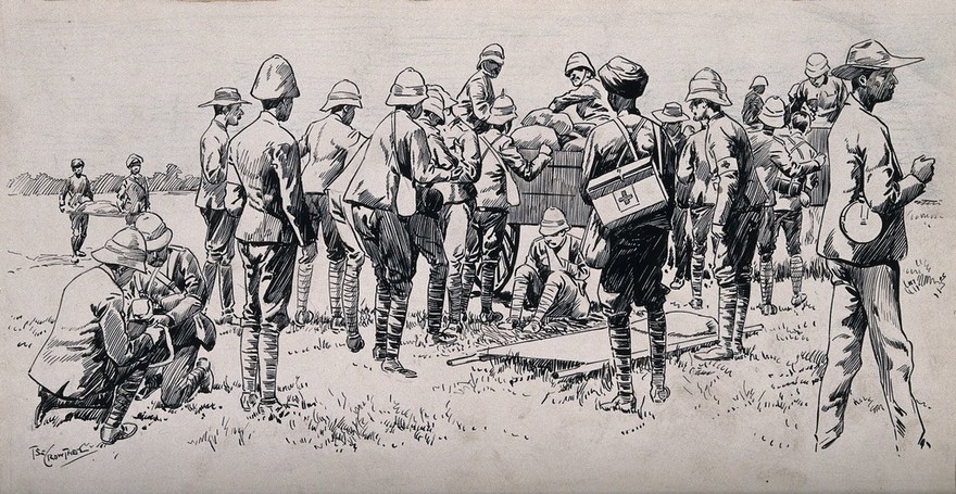 An ambulance corps in the field gathering by T. [S.] Crowther and attending to wounded men. Pen and ink drawing.