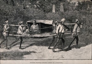 view Burma: a wounded political officer being carried on a stretcher. Wood engraving by P. Naumann, 1889, after W.B. Wollen.