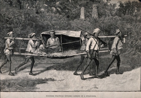 Burma: a wounded political officer being carried on a stretcher. Wood engraving by P. Naumann, 1889, after W.B. Wollen.