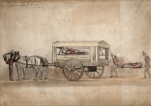 view A horse-drawn military ambulance, c. 1850, with one patient being carried on a stretcher. Coloured pencil drawing.