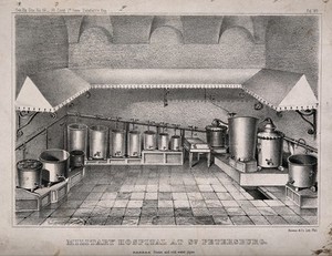 view The interior of a room with steam and cold water pipes at a military hospital in St. Petersburg. Lithograph.