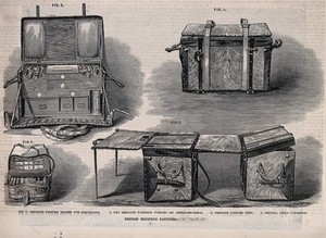 view Four figures of British medicine panniers illustrating a range of types and uses. Wood engraving by T. Mallet.