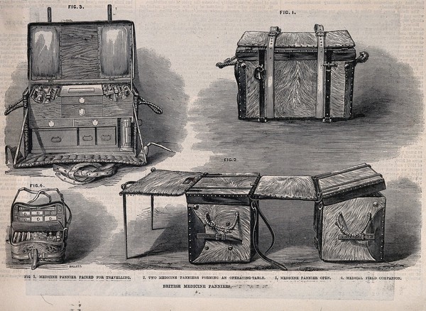 Four figures of British medicine panniers illustrating a range of types and uses. Wood engraving by T. Mallet.