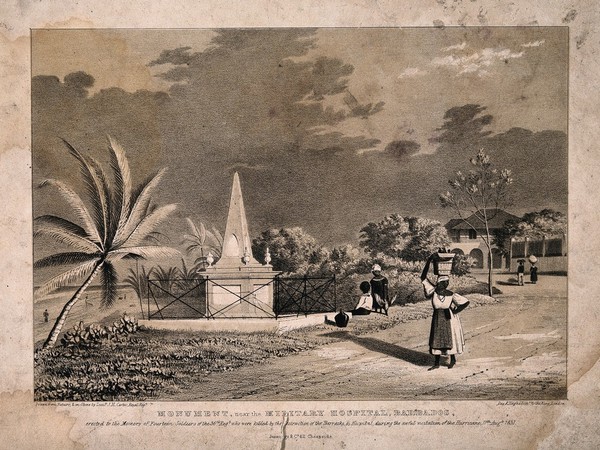 A monument positioned near the military hospital in Barbados, with passers-by. Lithograph by J. M. Carter, c. 1837.