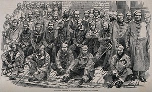 view Invalided soldiers assembled in the garden of Fort Pitt Hospital, Chatham. Wood engraving, c. 1855.