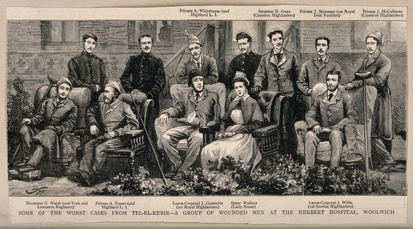 A group of invalided soldiers at the Herbert Hospital, Woolwich. Wood engraving, c. 1855.