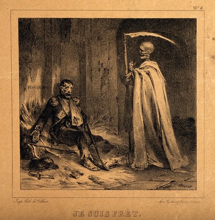 A lone, wounded, French grenadier greets a skeletal death figure with the words "I am ready". Lithograph, 1829, by N.-T. Charlet.