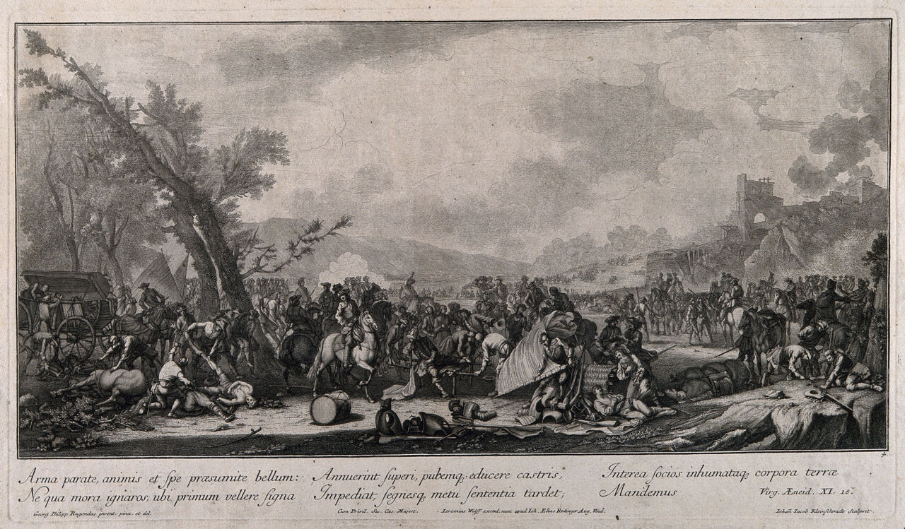 Chaos in the aftermath of battle with the dead and wounded being attended to as the armies retreat. Engraving by J. J. Kleinschmidt after G. P. Rugendas I., by Georg Philipp Rugendas the Elder