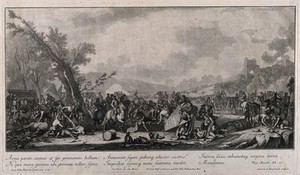 view Chaos in the aftermath of battle with the dead and wounded being attended to as the armies retreat. Engraving by J. J. Kleinschmidt after G. P. Rugendas I.