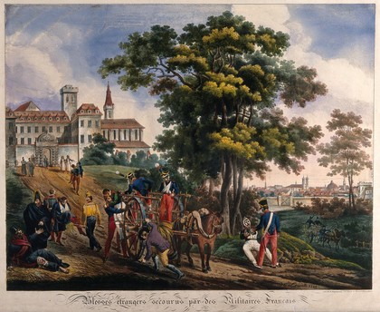 Wounded foreigners outside the city walls being picked up by French soldiers and taken to a guarded fortress. Coloured lithograph by G. Engelmann after H. Lecomte, 1820.