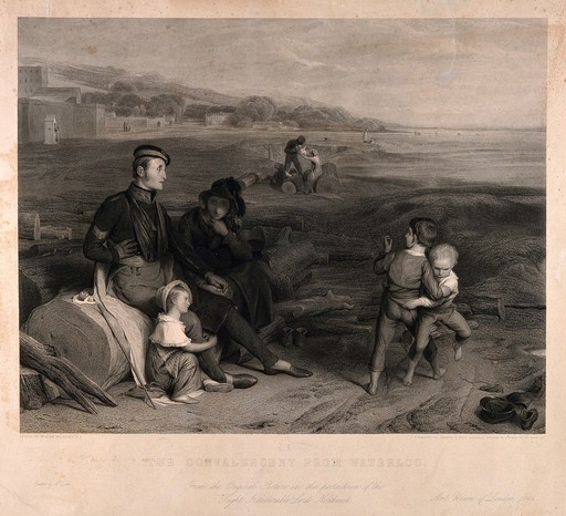 A convalescent soldier from Waterloo sitting with his wife and children. Engraving by G. Doo, 1847, after W. Mulready.