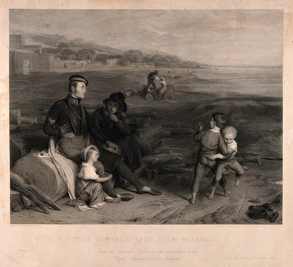 A convalescent soldier from Waterloo sitting with his wife and children. Engraving by G.T. Doo, 1847, after W. Mulready.