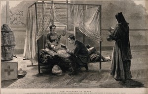 view A wounded British soldier being visited in an Egyptian hospital by a monk, a sister of mercy and a chaplain. Wood engraving after F. Villiers.