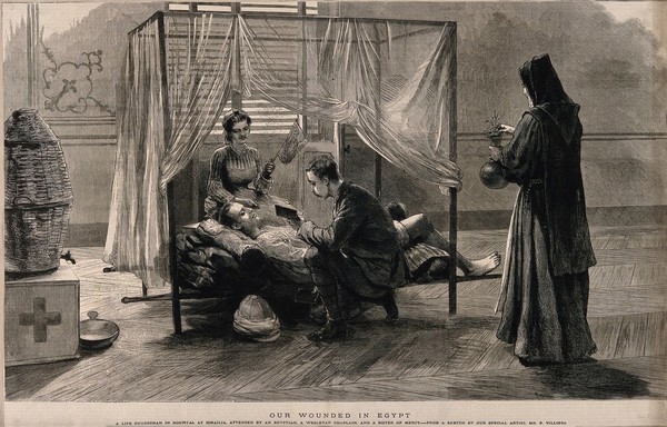 A wounded British soldier being visited in an Egyptian hospital by a monk, a sister of mercy and a chaplain. Wood engraving after F. Villiers.