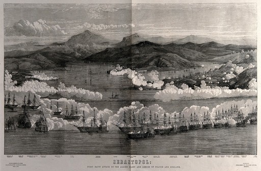 Crimean War: a blazing battle in and around the harbour at Sevastopol, details of the French and English ships are given. Wood engraving, 1855.