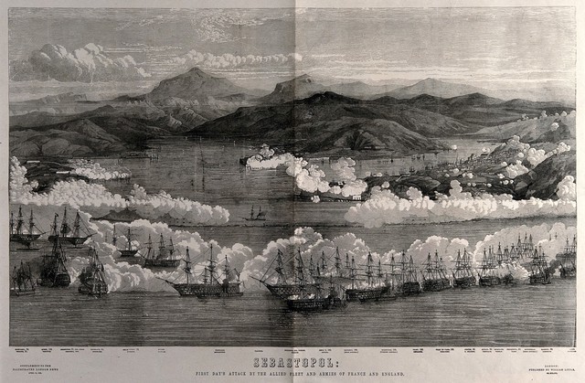 Crimean War: a blazing battle in and around the harbour at Sevastopol, details of the French and English ships are given. Wood engraving, 1855.