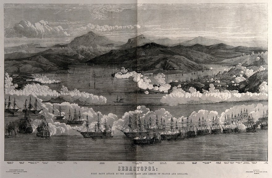 Crimean War: a blazing battle in and around the harbour at Sevastopol, details of the French and English ships are given. Wood engraving, 1855.