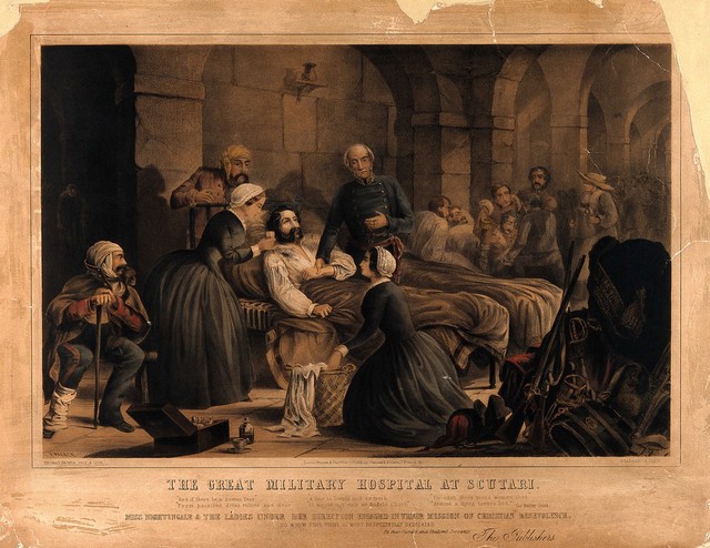 Crimean War: Florence Nightingale and her staff nursing a patient in the military hospital at Scutari. Coloured lithograph, c. 1855, by T. Packer after himself.