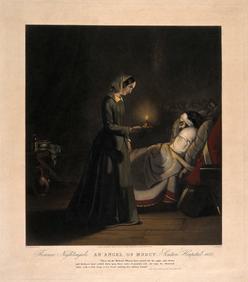 Crimean War: Florence Nightingale with her candle making the night round of the wards at Scutari hospital. Coloured mezzotint, c. 1855, by Tomkins after Butterworth.