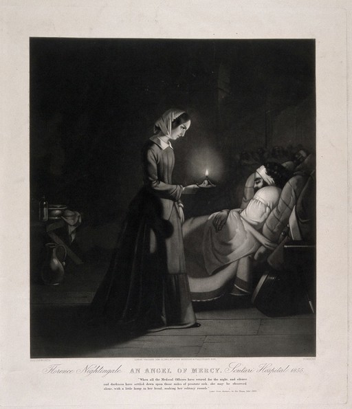 Crimean War: Florence Nightingale with her candle on the night round at Scutari hospital. Mezzotint with aquatint, c. 1855, by Tomkins after Butterworth.