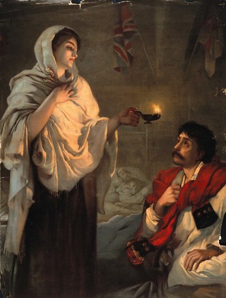 Crimean War: Florence Nightingale with her lamp at a patient's bedside. Colour lithograph, 1891, after H. Rae.