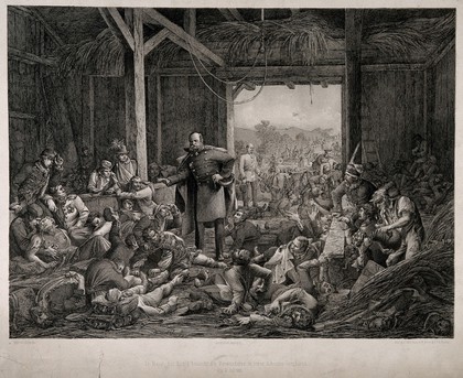 Austro-Prussian War: the Prussian King William I visiting wounded soldiers lying in a barn. Lithograph after H. Jenny, ca. 1866.