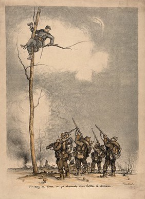 Franco-German War: a French soldier high in a tree orders a group of well equipped Germans to stop firing on him. Colour lithograph.