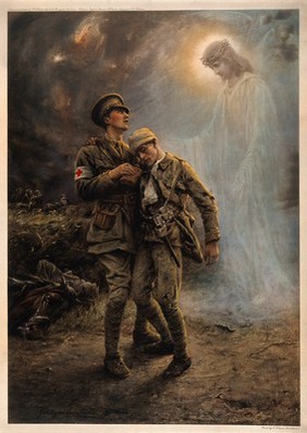 First World War: two soldiers, one badly wounded, being comforted on the battlefield by a vision of Christ. Colour halftone after G. Hillyard Swinstead, 1915.