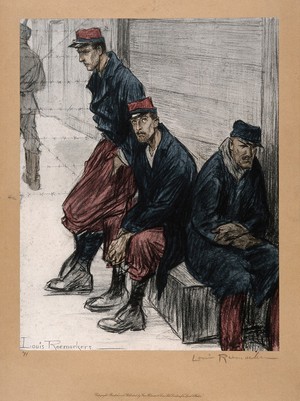 view World War One: three French prisoners of war slouching in a prison yard. Colour halftone after a crayon drawing by L. Raemaekers.