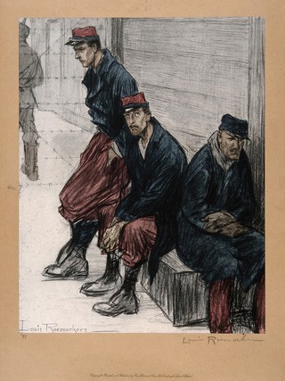 World War One: three French prisoners of war slouching in a prison yard. Colour halftone after a crayon drawing by L. Raemaekers.