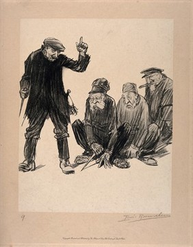 World War One: three prisoners crouch at the feet of a fourth man who incites them to action. Halftone after a crayon drawing by L. Raemaekers.