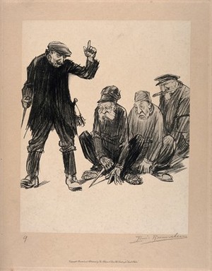view World War One: three prisoners crouch at the feet of a fourth man who incites them to action. Halftone after a crayon drawing by L. Raemaekers.