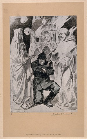 view World War One: a German soldier crouches in fear between two saintly mediaeval sculptures; behind Notre Dame is burning. Halftone after a pen drawing by L. Raemaekers.
