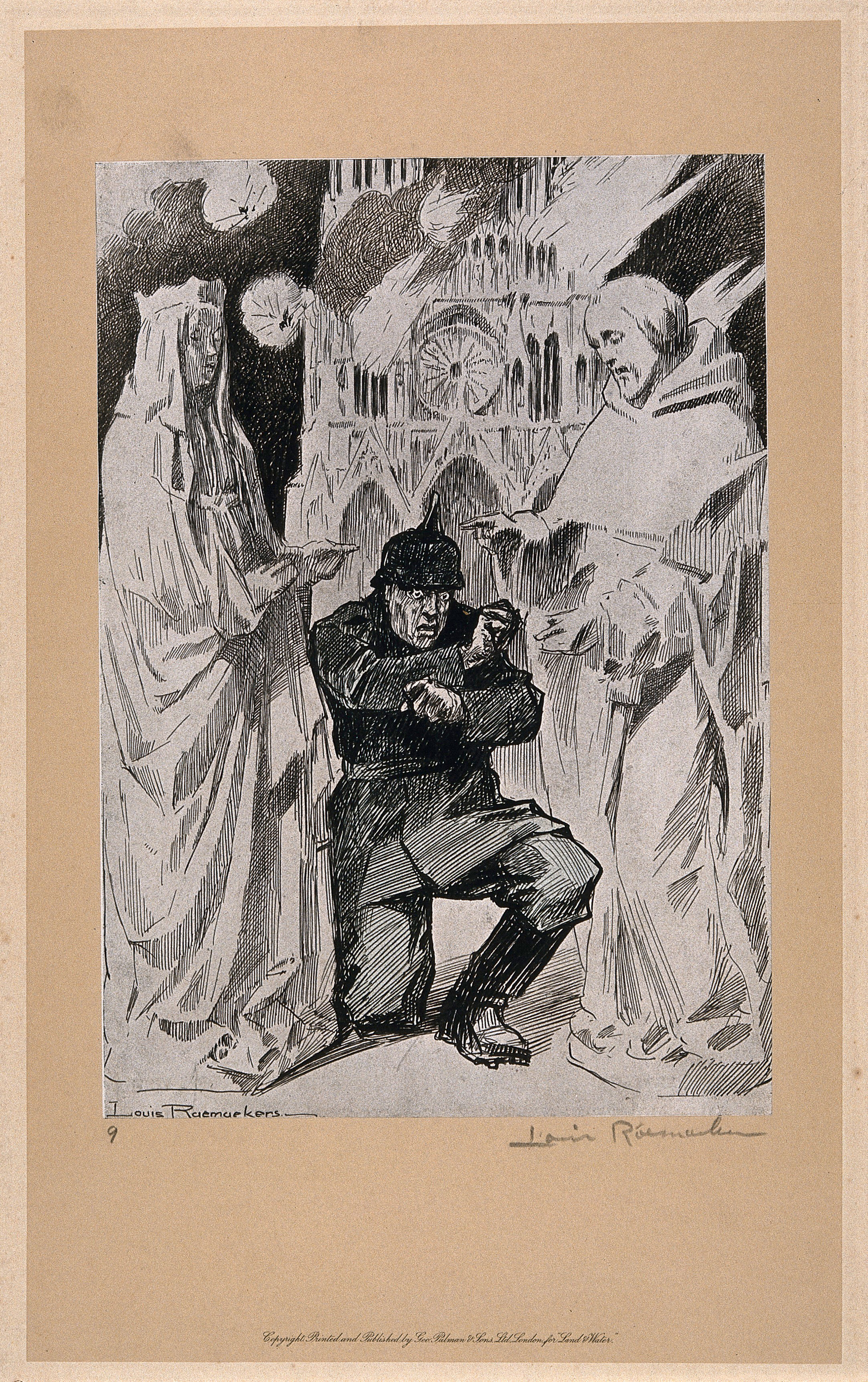 World War One: a German soldier crouches in fear between two saintly mediaeval sculptures; behind Notre Dame is burning. Halftone after a pen drawing by L. Raemaekers.