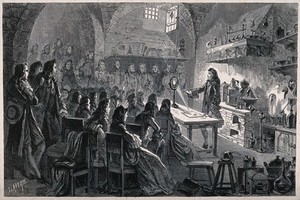 view Sir Isaac Newton (?) showing an optical experiment to an audience in his laboratory. Wood engraving by Martin after C. Laverie.