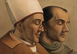 view A bishop wearing spectacles and a monk reading a book. Reproduction of a painting after Pisanello.