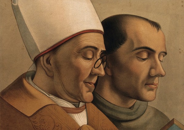 A bishop wearing spectacles and a monk reading a book. Reproduction of a painting after Pisanello.
