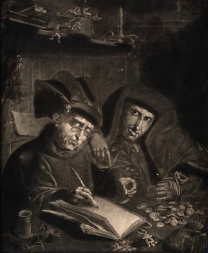 view Two money-lenders counting their money, the one writing the ledger wears spectacles. Mezzotint after Q. Matsys.