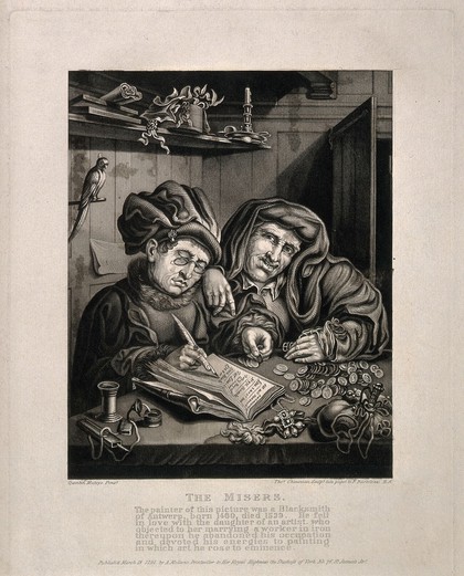 Two money-lenders counting their money and keeping their accounts, one wears spectacles. Stipple engraving by T. Cheesman, 1791, after Q. Matsys.