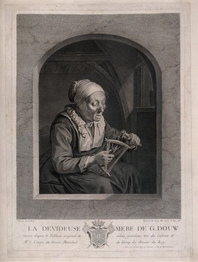 Marytje Jansdr van Rosenburg, the mother of Gerard Dou, winding her bobbin, with a coat of arms below. Line engraving by J.G. Wille, 1755, after G. Dou.