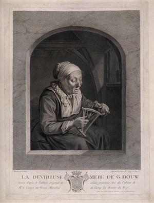 view Marytje Jansdr van Rosenburg, the mother of Gerard Dou, winding her bobbin, with a coat of arms below. Line engraving by J.G. Wille, 1755, after G. Dou.