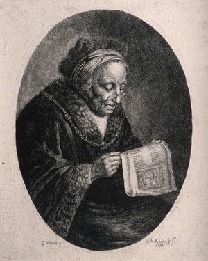 view An old woman reading with a fur-trimmed hat and coat. Etching by A.H. Reidel, 1781, after G. Douw.