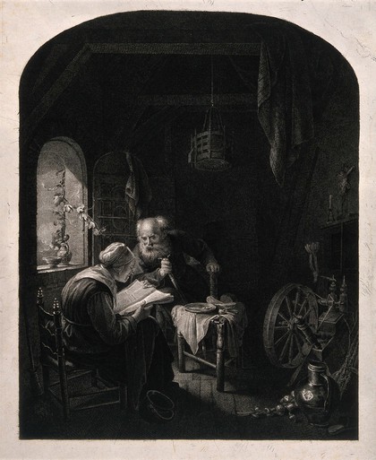 An old couple sitting, the man leans over on his walking stick to listen to the woman reading from the bible. Line engraving after G. Dou.