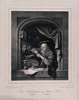 The old writing master sharpens his pen at the window with his students in the background. Lithograph by F. Hanfstaengl, 1836, after G. Dou.
