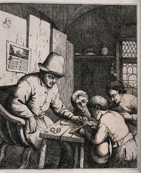 A schoolmaster pointing to the text read by one of his pupils while his other two pupils observe. Etching by D. Deuchar after A. van Ostade.